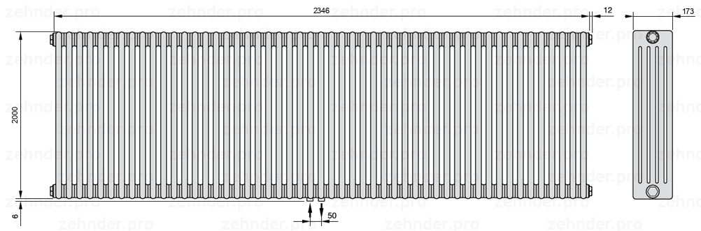 Схема (чертеж) Радиатор Zehnder Charleston 5200/51 №3470 Белый глянцевый RAL 9016